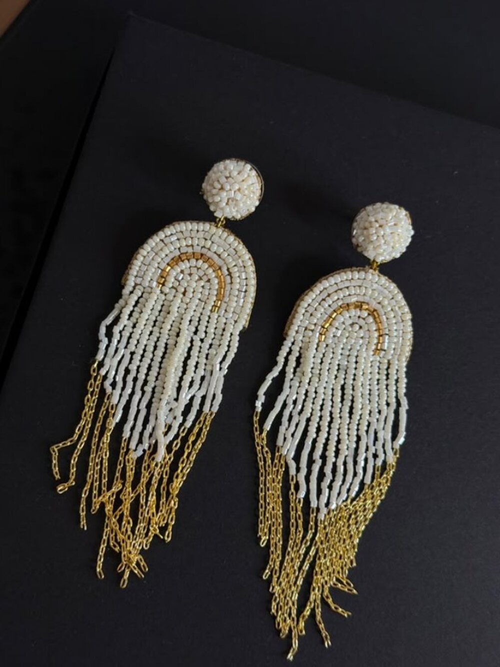 Ivory Beaded Boho Earrings | Gold Chain Fringe Statement Chunky Design